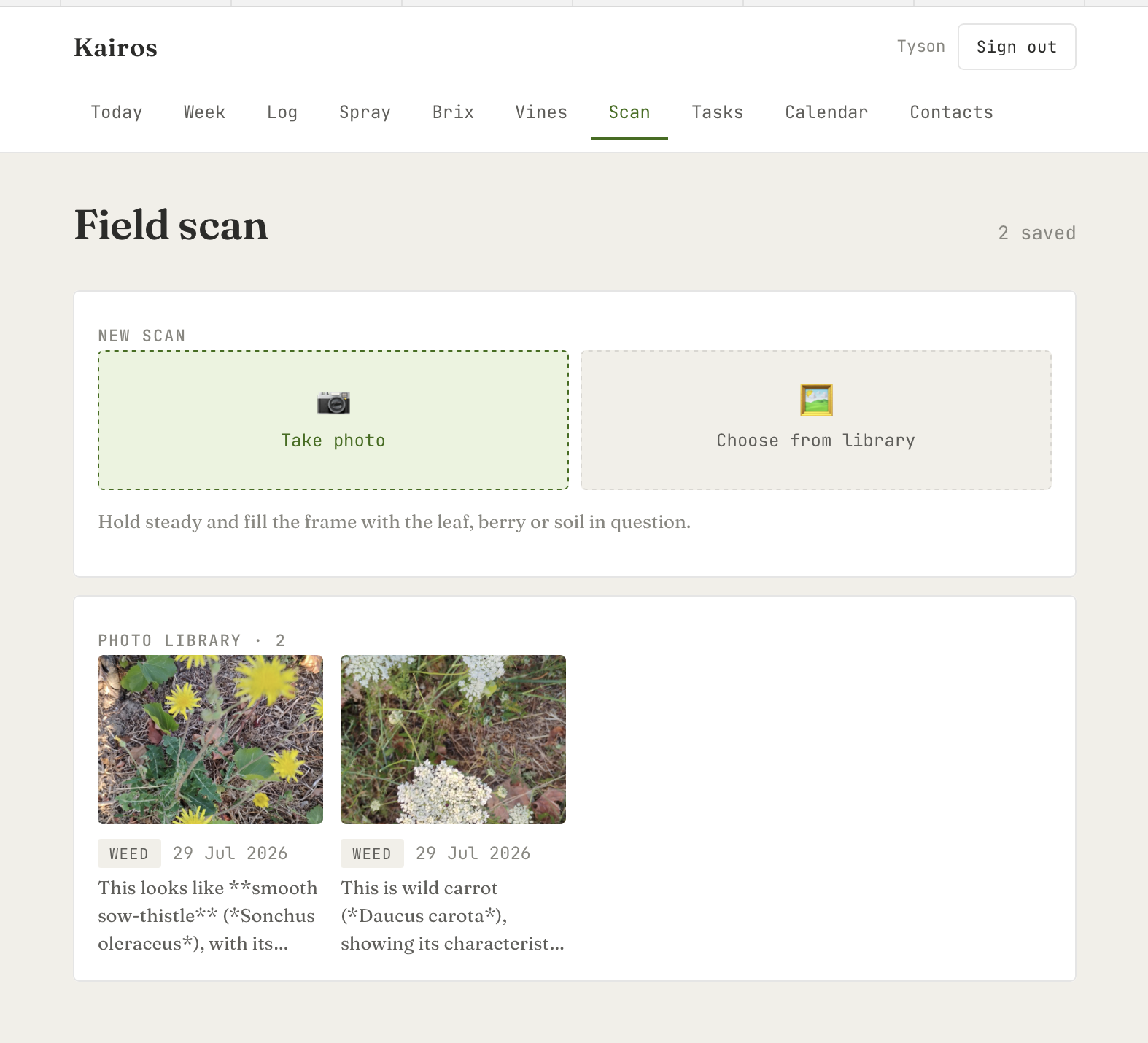 Field scan with AI agronomic analysis and photo library