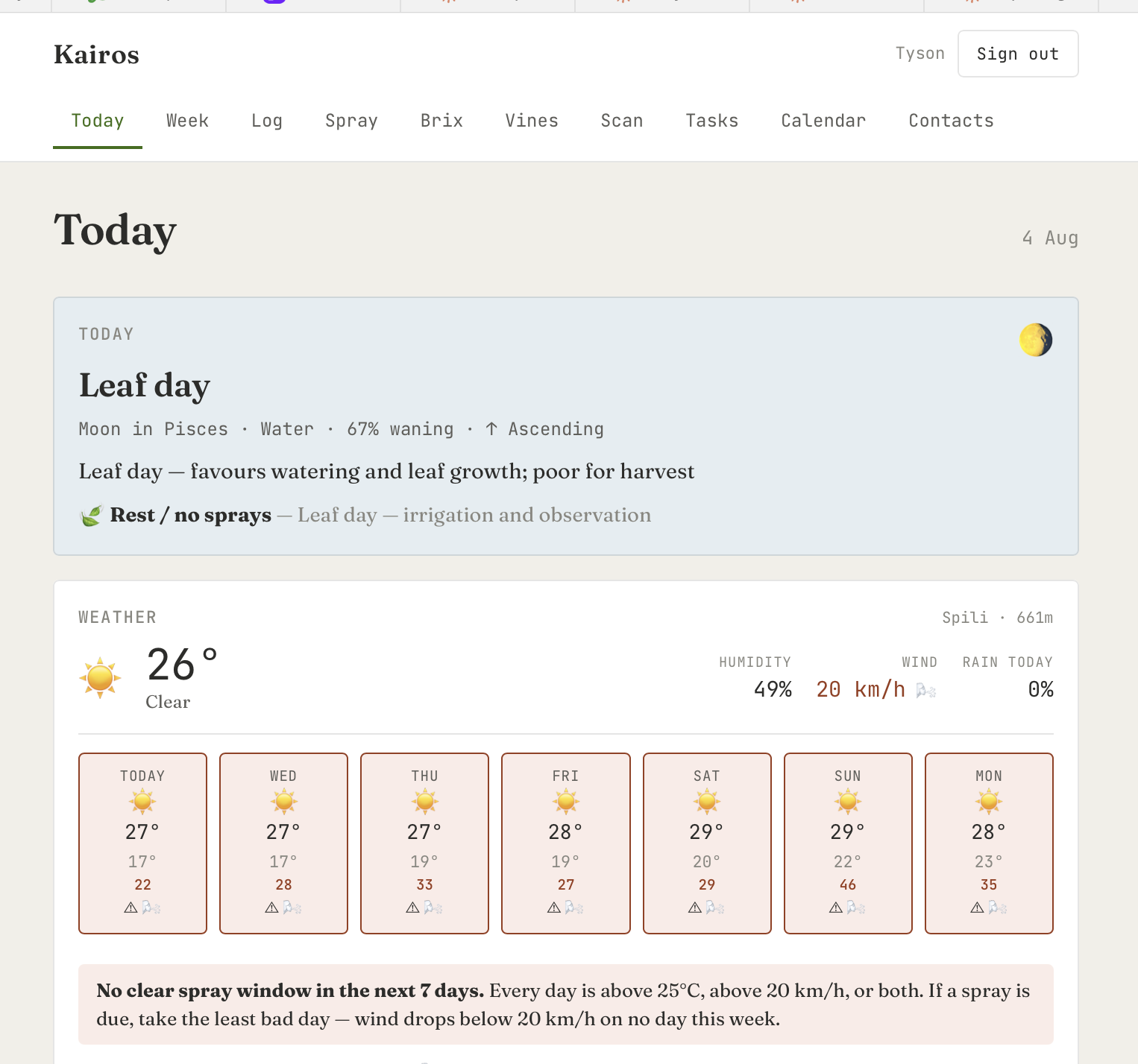 Today view showing BD day type, live weather at vineyard elevation, and spray countdown