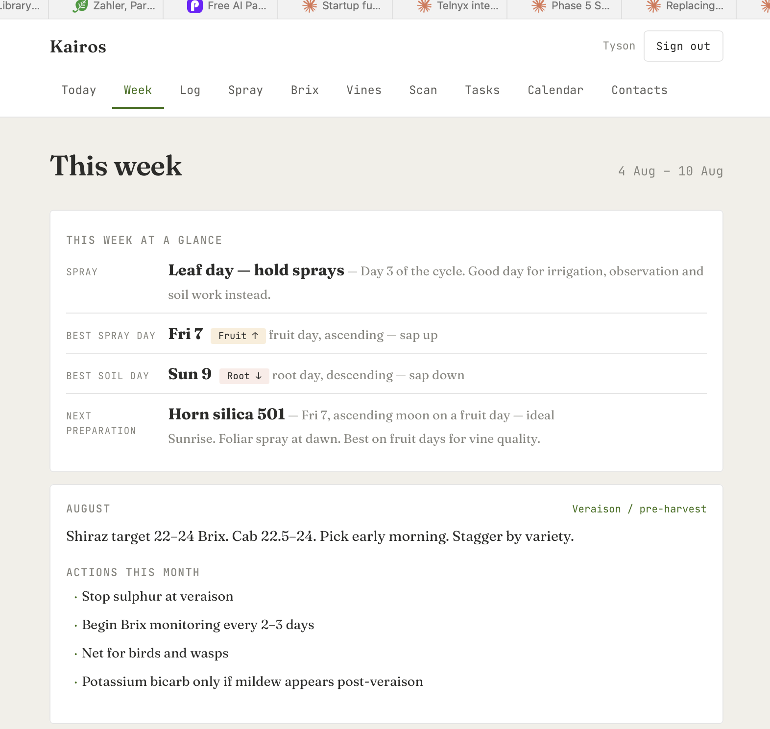 Week view showing 7-day BD planning, best spray day, and monthly companion planting notes