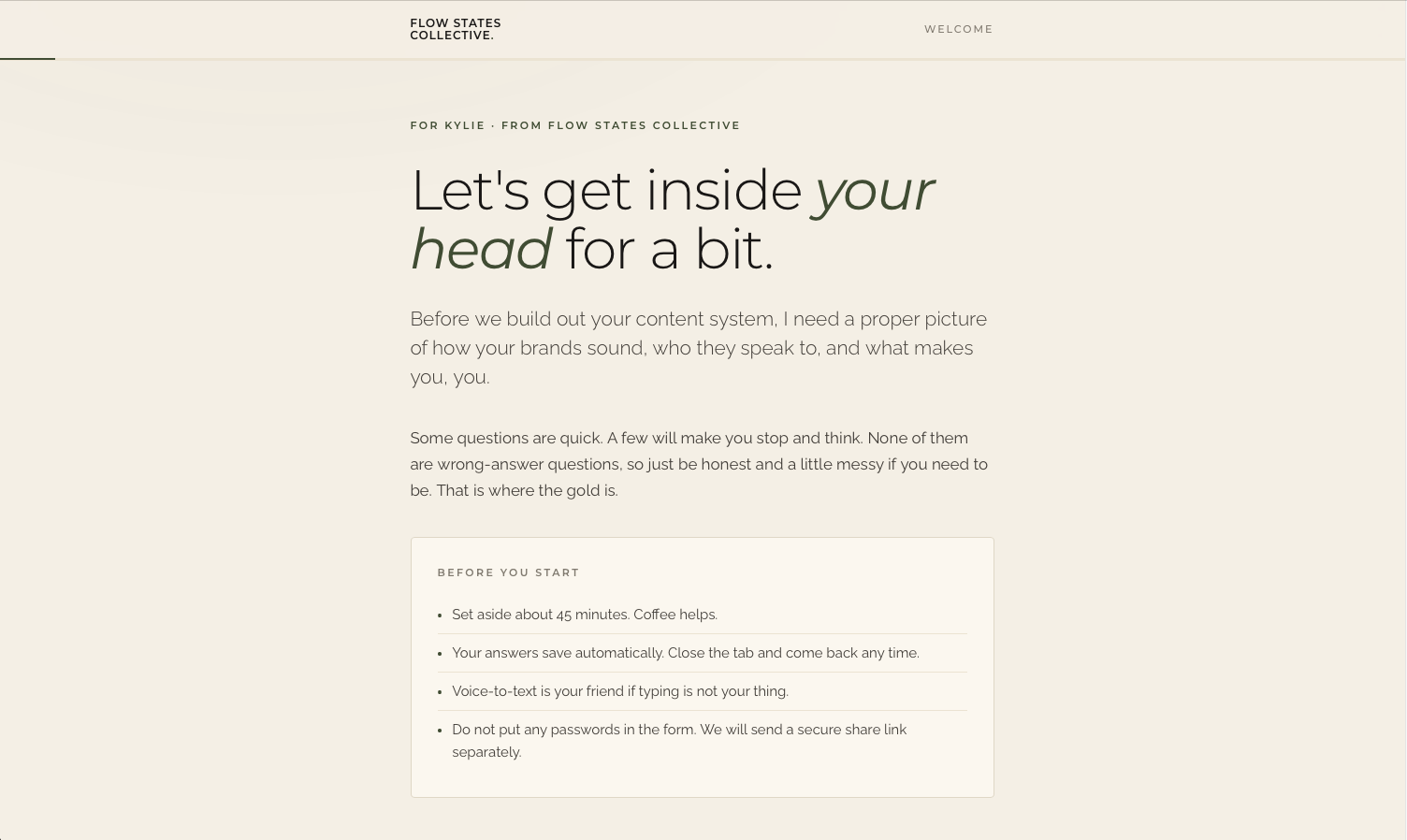 The intake form welcome screen