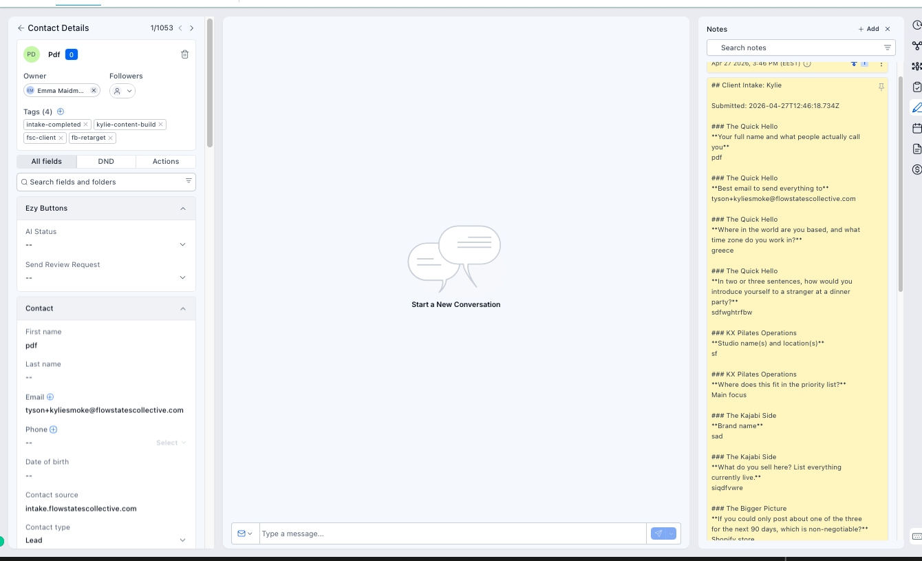 Intake submission landing as a structured note on the GHL contact